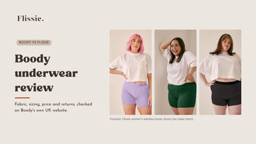Boody underwear review banner: three models wearing Flissie women's bamboo boxer shorts in lavender purple, pine green and black
