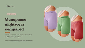 Menopause nightwear compared: close-ups of Flissie women's bamboo boxer shorts in lavender, sage green and plum pink