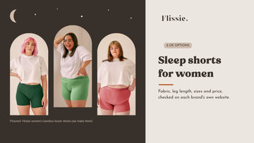 Sleep shorts for women: models in Flissie women's bamboo boxer shorts in pine green, sage green and plum pink
