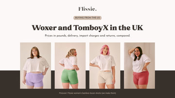 Woxer and TomboyX in the UK: models in Flissie women's bamboo boxer shorts in lavender, sage, cream and plum