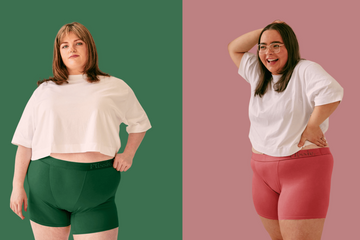 Flissie 9 inch anti-chafing shorts shown mid-thigh on a size 16 model