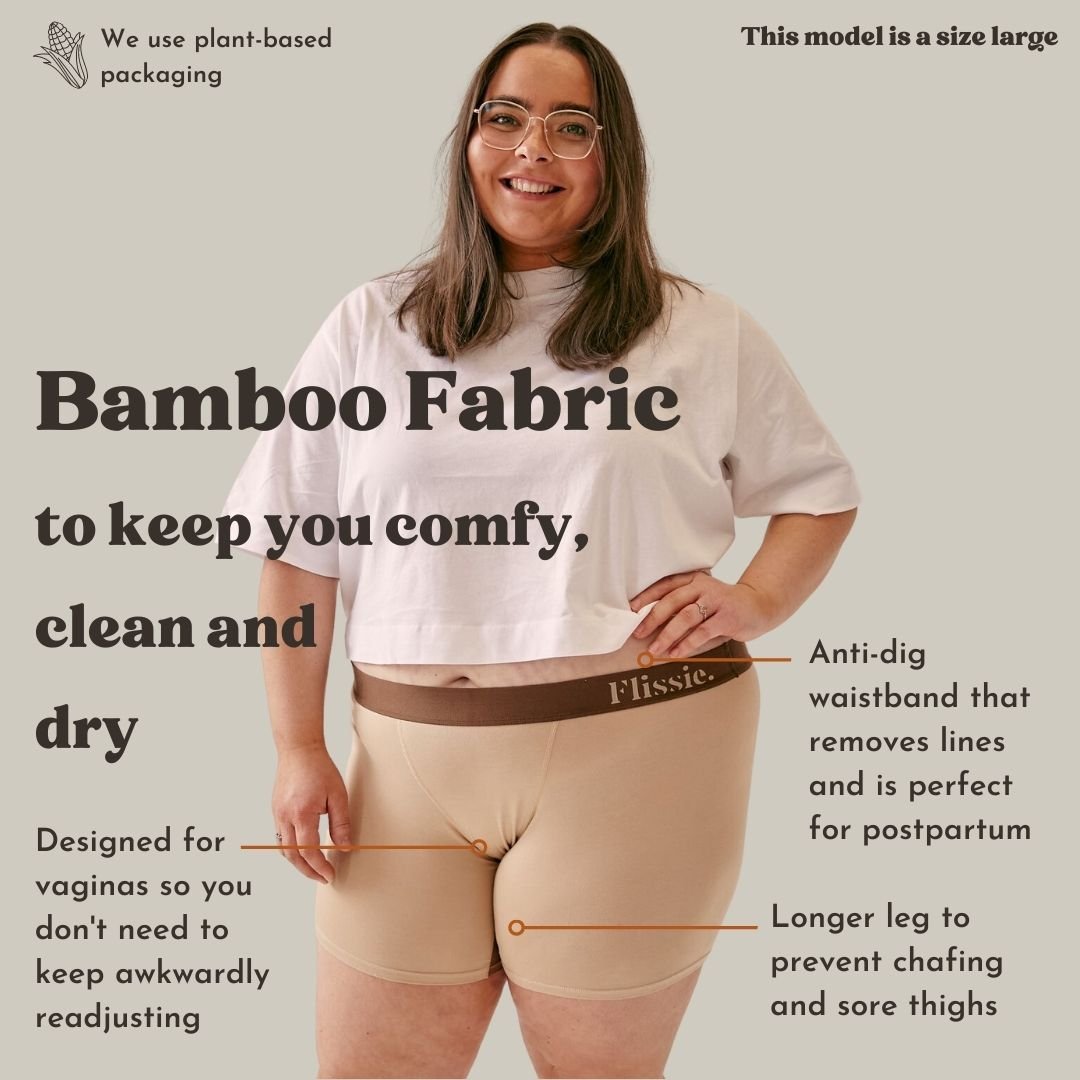 Model wearing fawn brown Flissie womens boxers in a size large